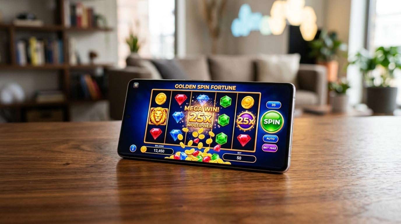 Close-up of an Android smartphone on a desk showcasing a vibrant 5-reel mobile slot game with multipliers and gold coins